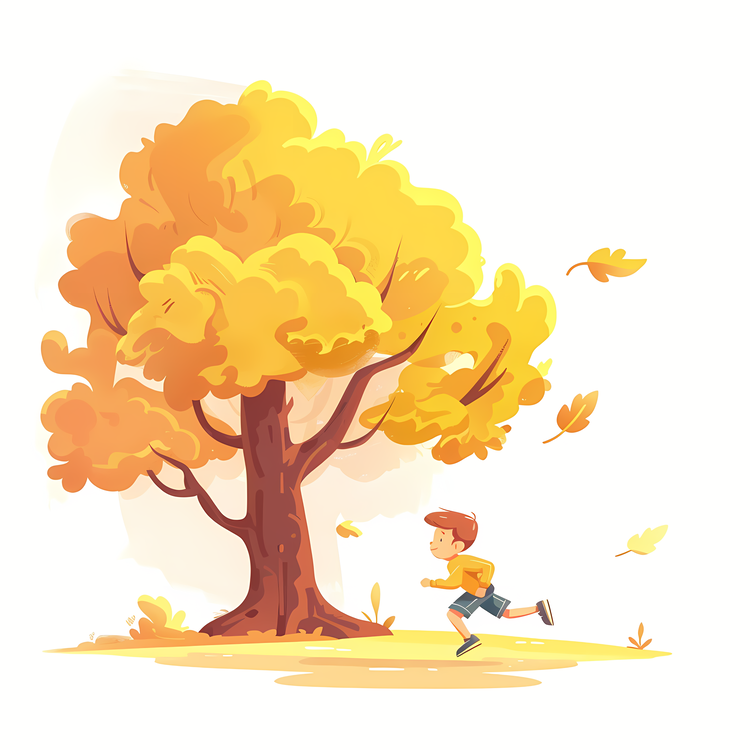 Little Boy Running,Yellow Tree,Autumn Leaves