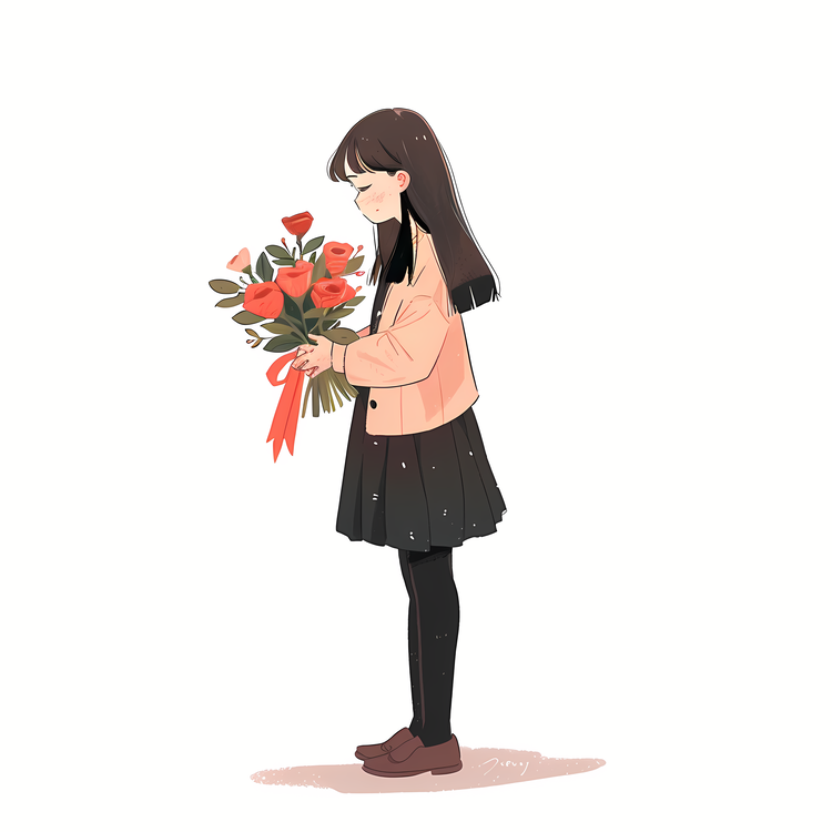 Girl Holding Flowers,Cute,Cartoon