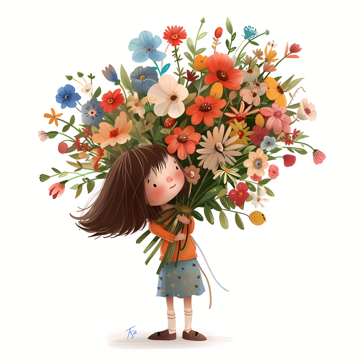 Kid And Huge Flowers Illustrate,Girl,Bouquet