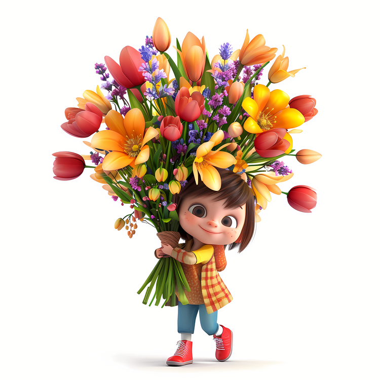 Kid And Huge Flowers Illustrate,Cute Girl Holding Bouquet,Child With Bouquet Of Tulips