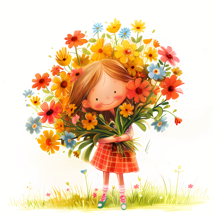 Kid And Huge Flowers Illustrate,Cartoon,Girl