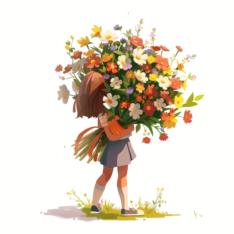 Kid And Huge Flowers Illustrate,Girl With Flowers,Floral Bouquet