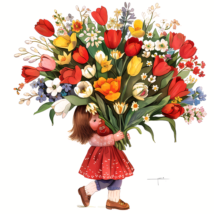 Kid And Huge Flowers Illustrate,Girl,Bouquet