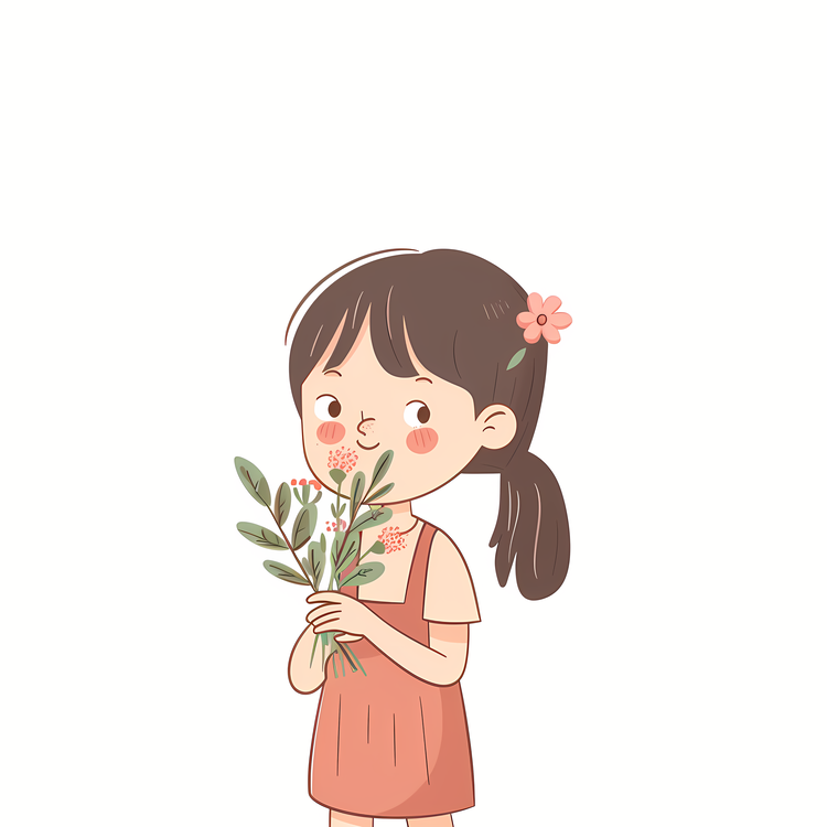 Girl Holding Flowers,Cartoon Girl With Flowers,Cute Girl With Flowers