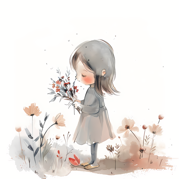 Girl Holding Flowers,Watercolor,Girl