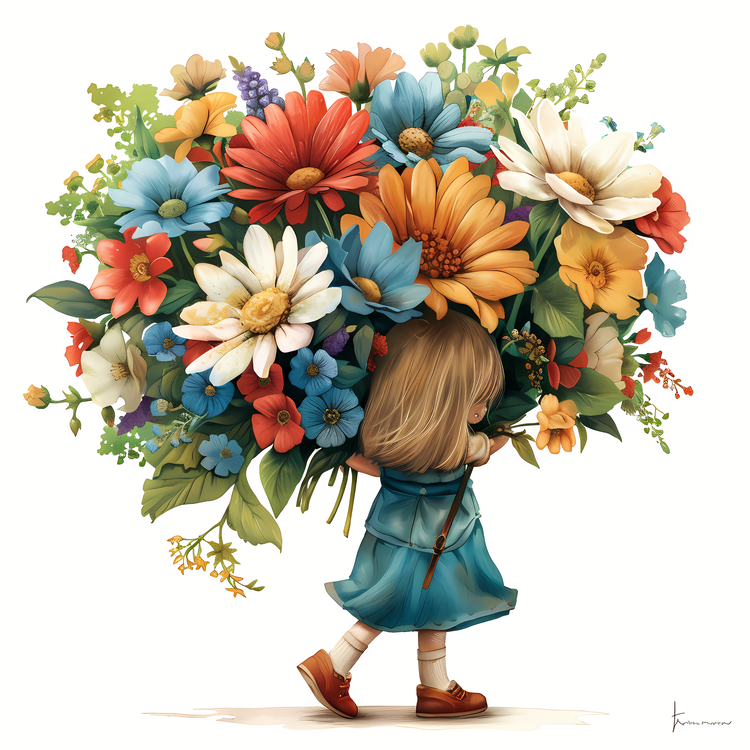 Kid And Huge Flowers Illustrate,Girl Carrying Flowers,Artistic Illustration