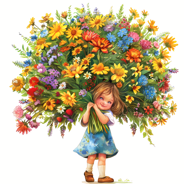 Kid And Huge Flowers Illustrate,Flower,Bouquet