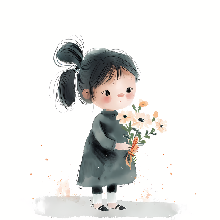 Girl Holding Flowers,Cute Girl With Flowers,Watercolor Illustration