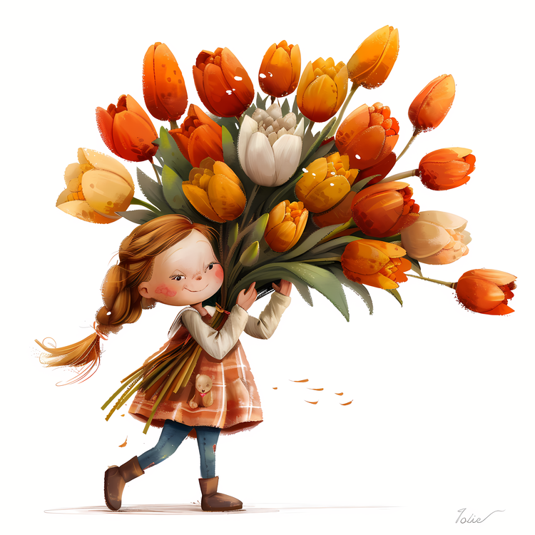Kid And Huge Flowers Illustrate,Flower Girl Holding Bouquet,Bouquet Of Tulips