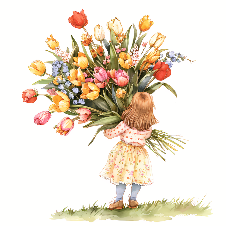 Kid And Huge Flowers Illustrate,Watercolor Painting,Young Girl
