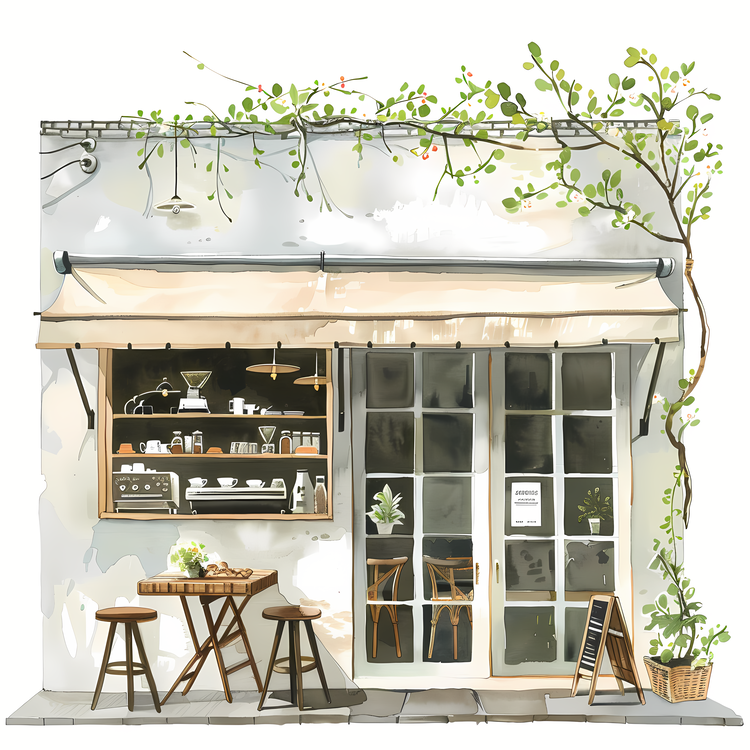 Spring,Coffee Shop,Watercolor