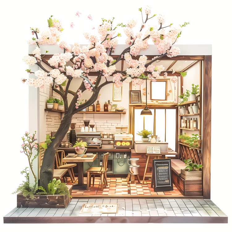 Spring,Coffee Shop,Cherry Blossom Tree