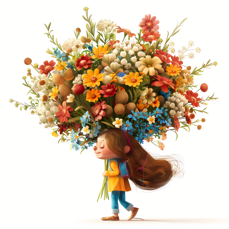 Kid And Huge Flowers Illustrate,Bouquet,Vase