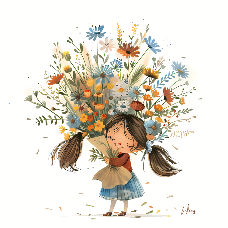 Kid And Huge Flowers Illustrate,Girl Holding Flowers,Bouquet Of Flowers
