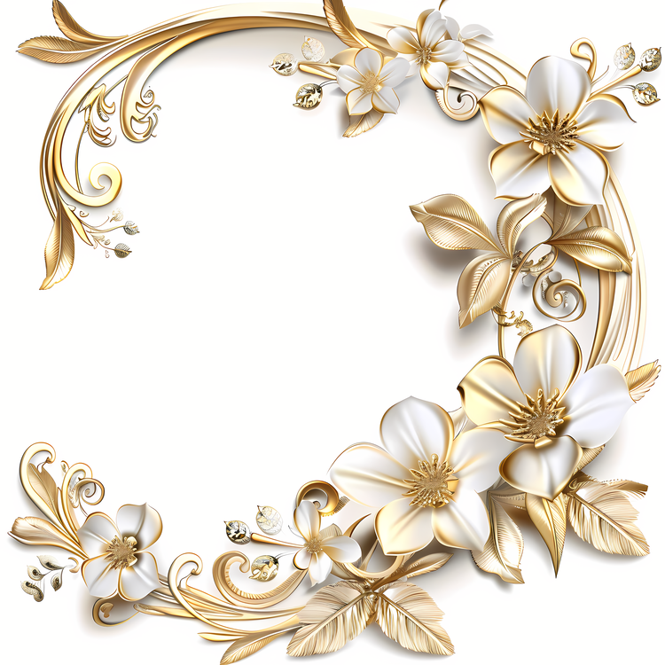 Wedding Frame,Gold Floral,White Background