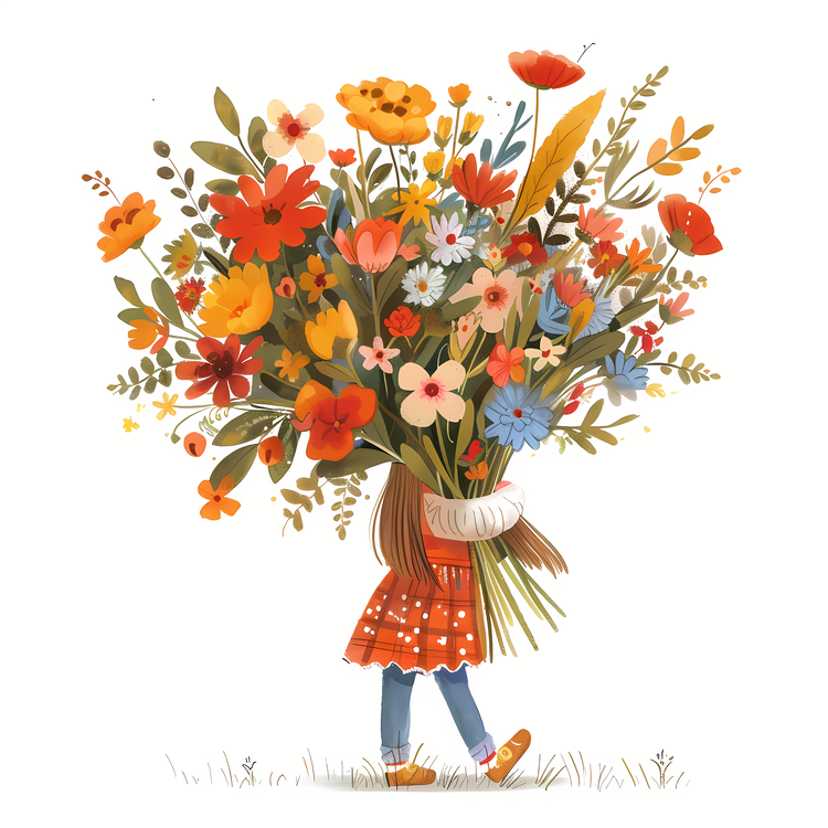 Kid And Huge Flowers Illustrate,Floral,Bouquet