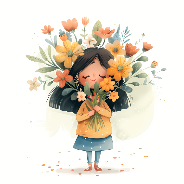 Kid And Huge Flowers Illustrate,Cute,Adorable
