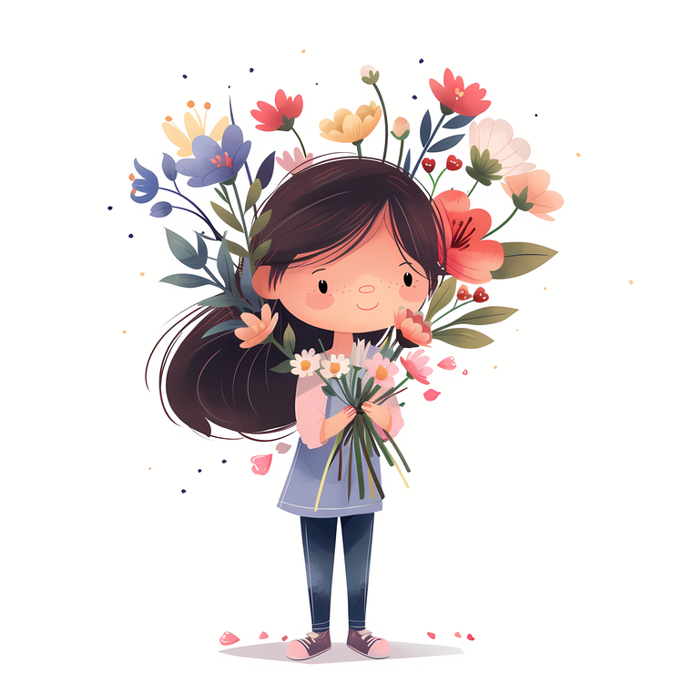 Kid And Huge Flowers Illustrate,Hands Holding Flowers,Girl With Flowers In Hand