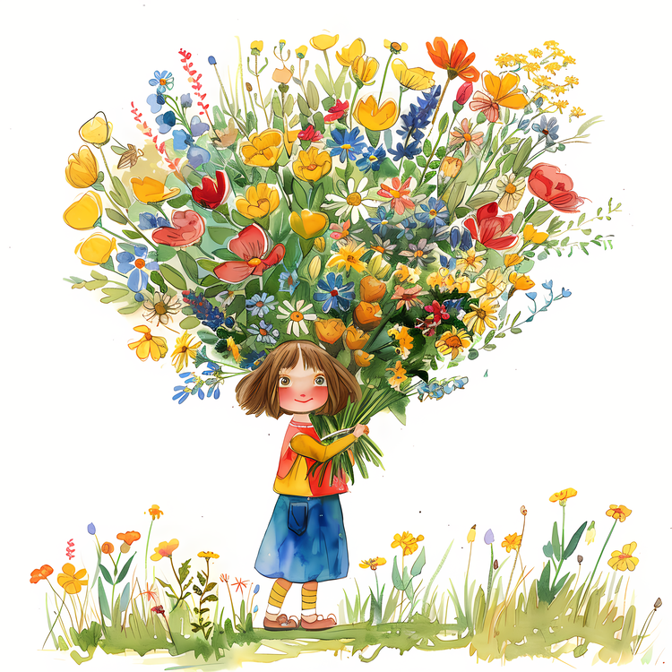 Kid And Huge Flowers Illustrate,Img,Garden