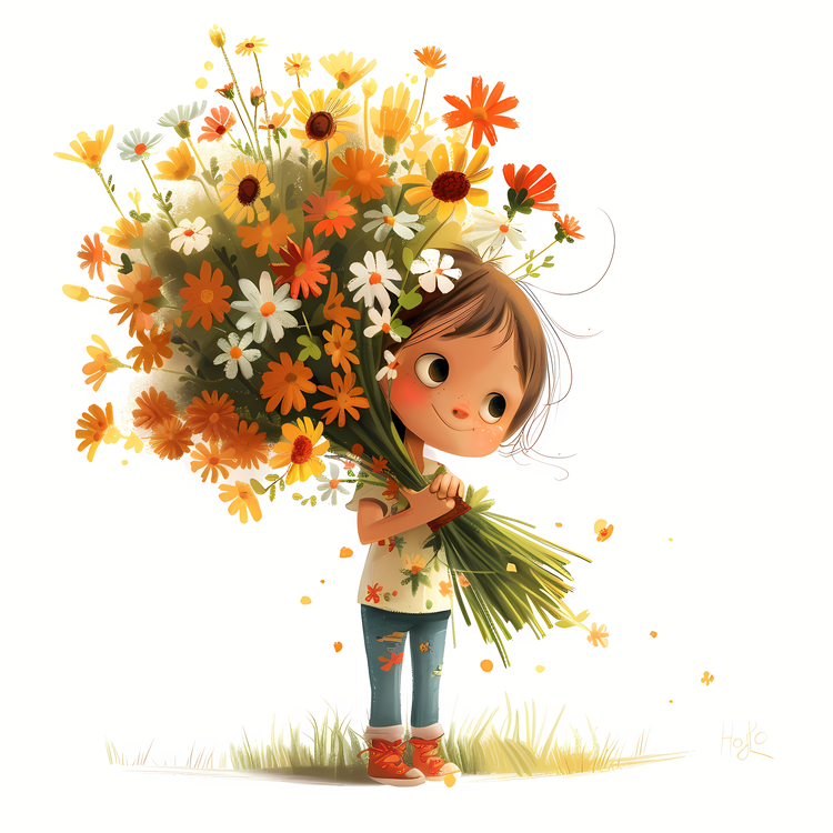 Kid And Huge Flowers Illustrate,Cute Girl Holding Flowers,Child With Flowers