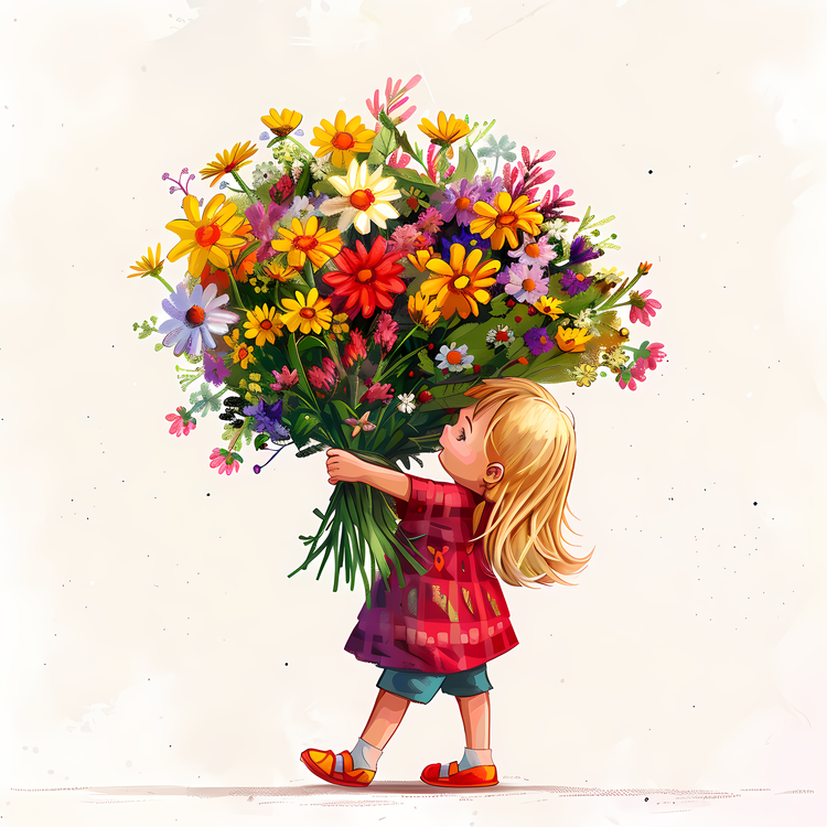 Kid And Huge Flowers Illustrate,Happy,Childhood