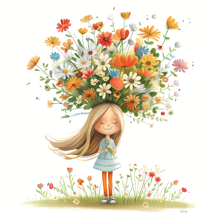 Kid And Huge Flowers Illustrate,Flower,Girl