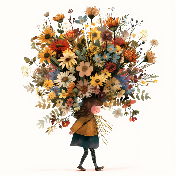 Kid And Huge Flowers Illustrate,Woman With Flowers,Flower Arrangement