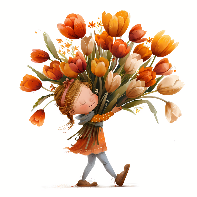 Kid And Huge Flowers Illustrate,Tulips,Bouquet