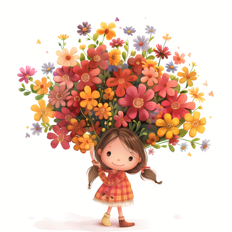 Kid And Huge Flowers Illustrate,Girl With Flowers,Floral Girl