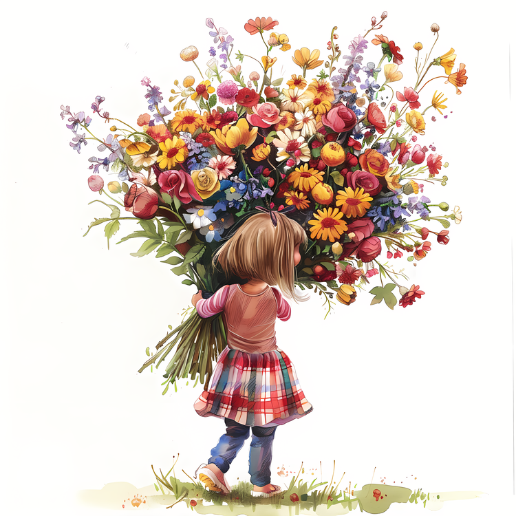 Kid And Huge Flowers Illustrate,Bouquet Of Flowers,Laughing Woman