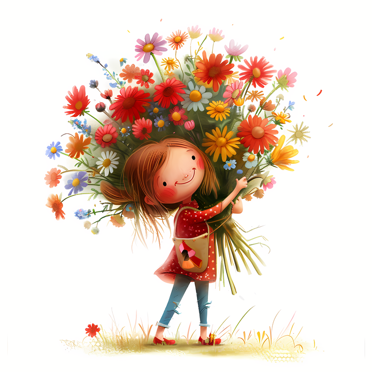 Kid And Huge Flowers Illustrate,Whimsical,Childish