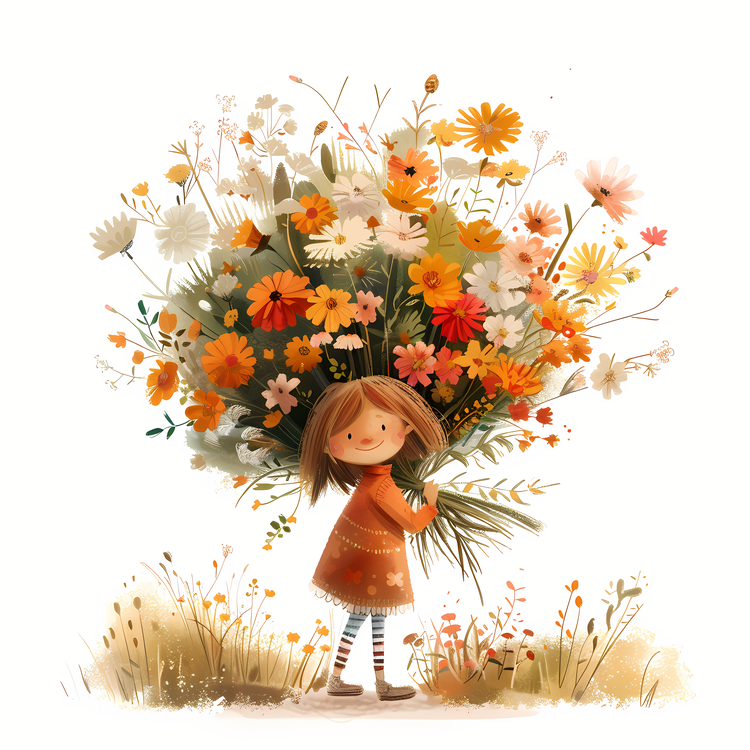 Kid And Huge Flowers Illustrate,Child,Flowers