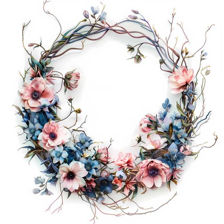 Flower Wreath,Floral Wreath,Pink And Blue Flowers