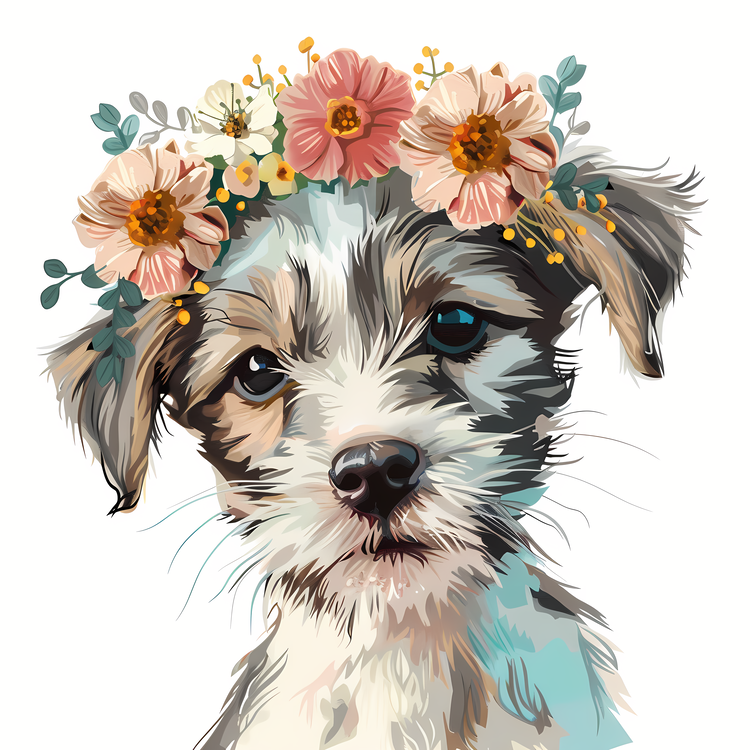 Puppy Day,Paintbrush,Floral Wreath