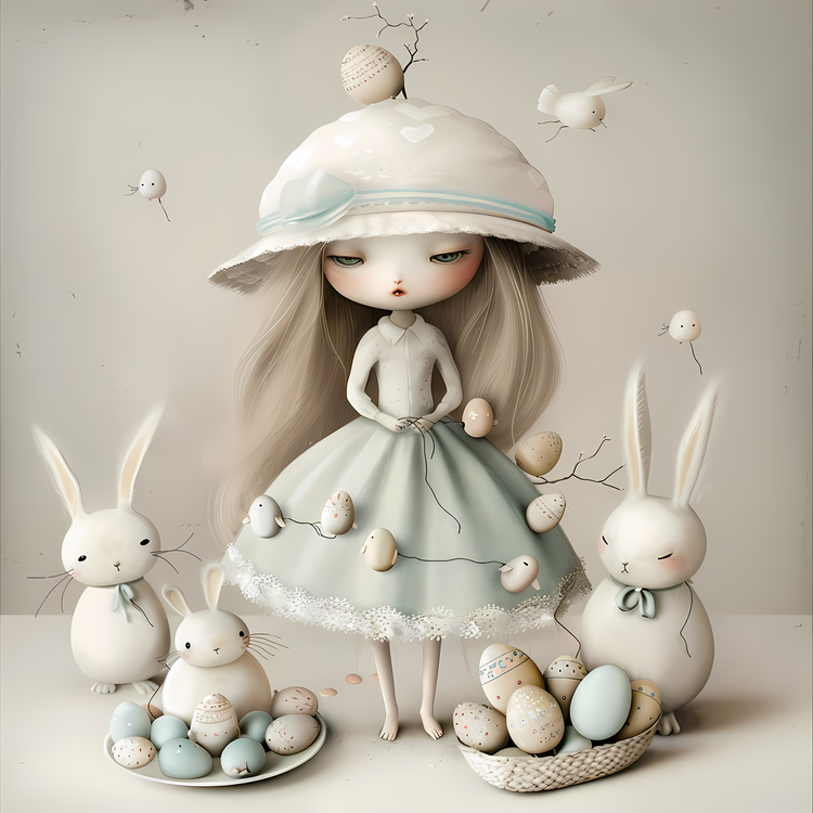 Happy Easter Day,Girl,White Rabbit