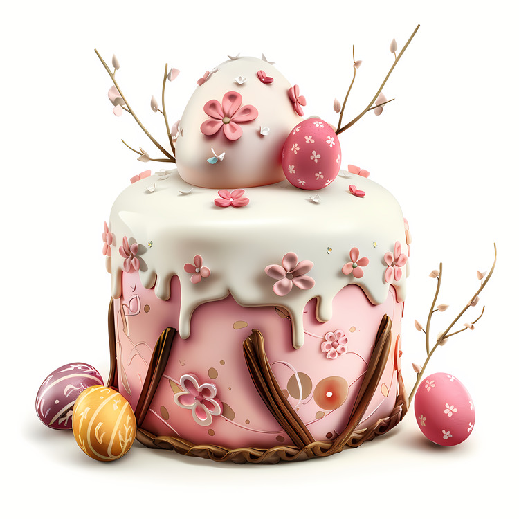 Easter Cake,Pink Icing,Decorated Eggs