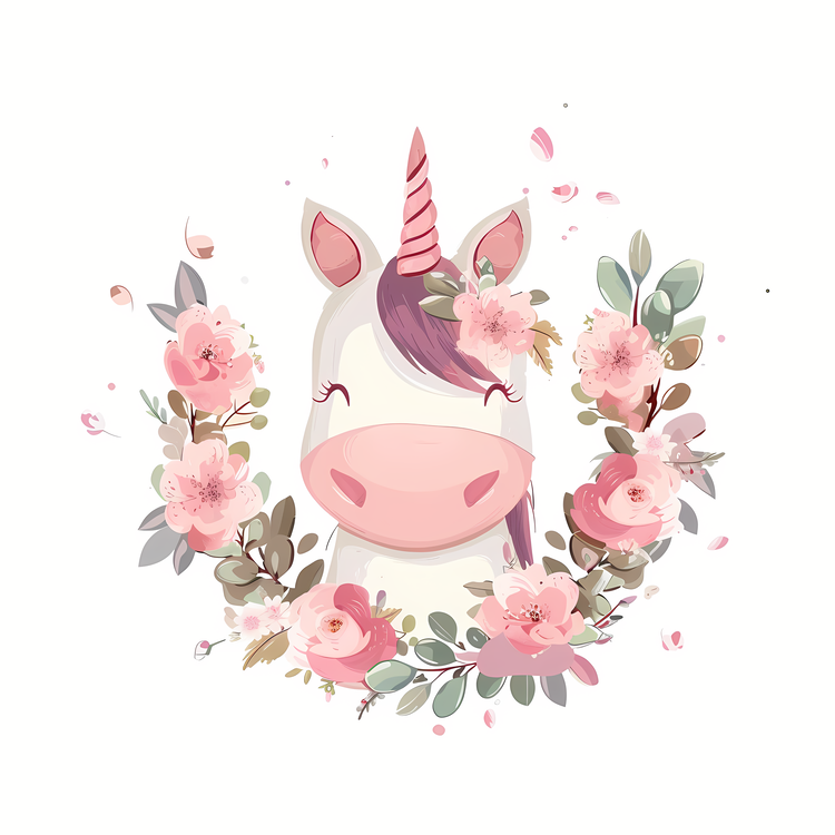 Unicorn,Floral Wreath,Pink Flowers