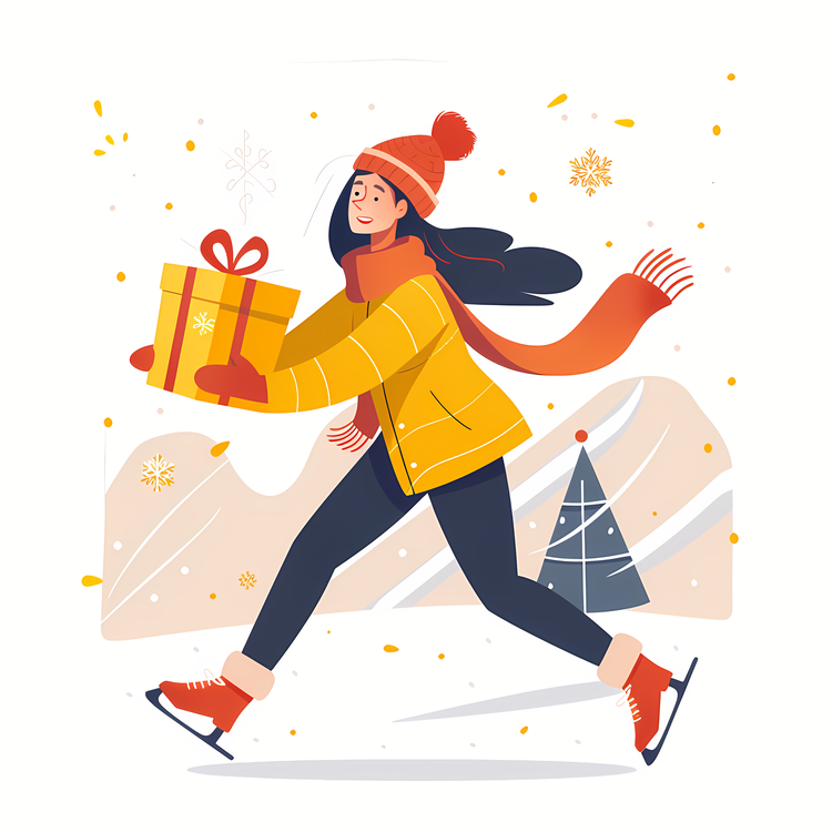 Happy New Year,Woman With Gifts,Girl In Winter Clothes