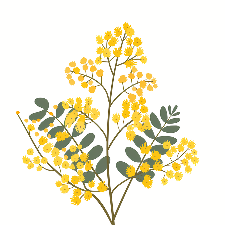 Mimosa,Yellow Flowers,Branch With Leaves