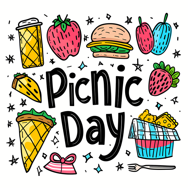 Picnic Day,Hand Drawn Lettering,Food And Drink Items