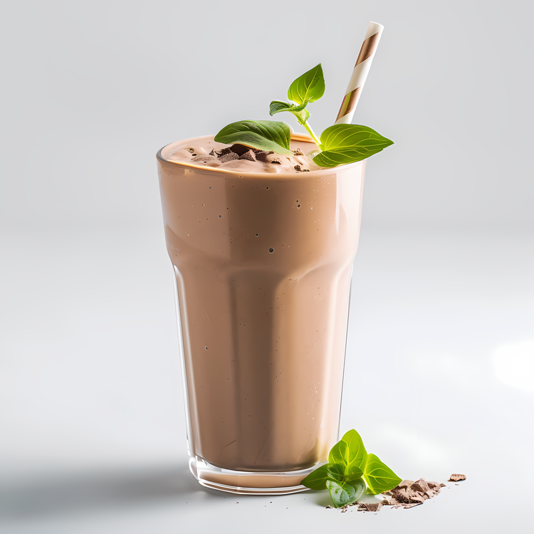 Vegan Protein Shake,Chocolate Milk,Green Mint Leaves