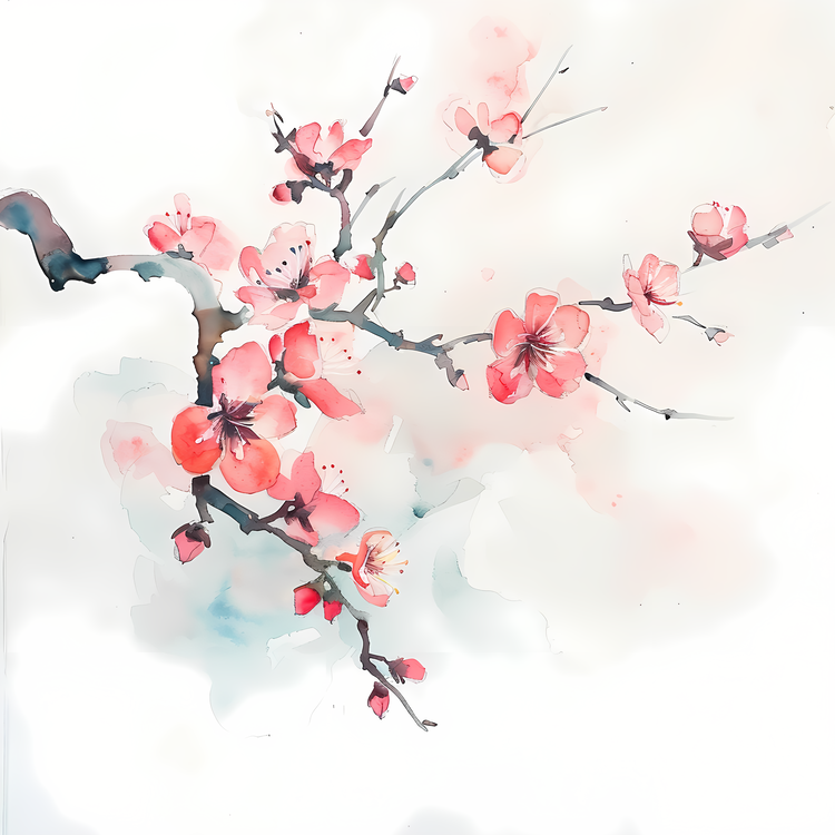 Spring,Watercolor,Cherry Blossom Tree