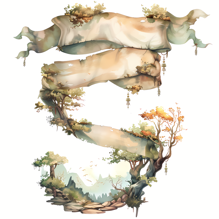 Ribbon Banner,Watercolor Painting,Forest Scene