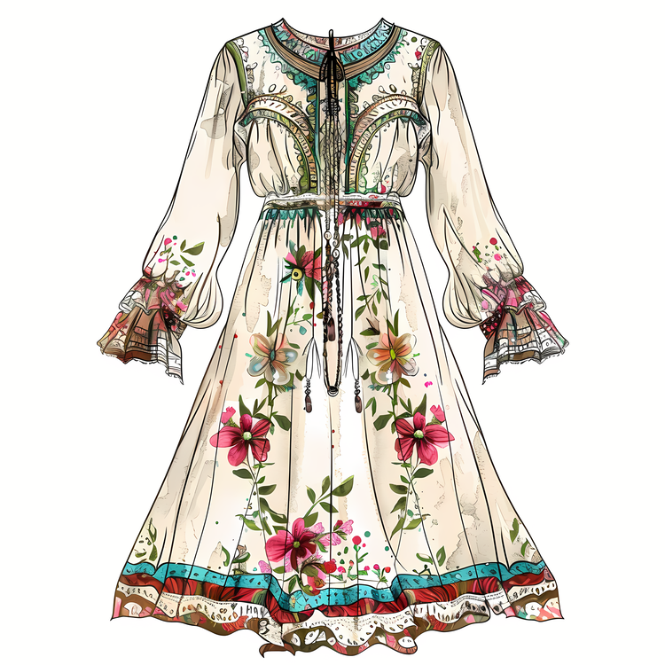 Boho Dress,Embroidered,Floral