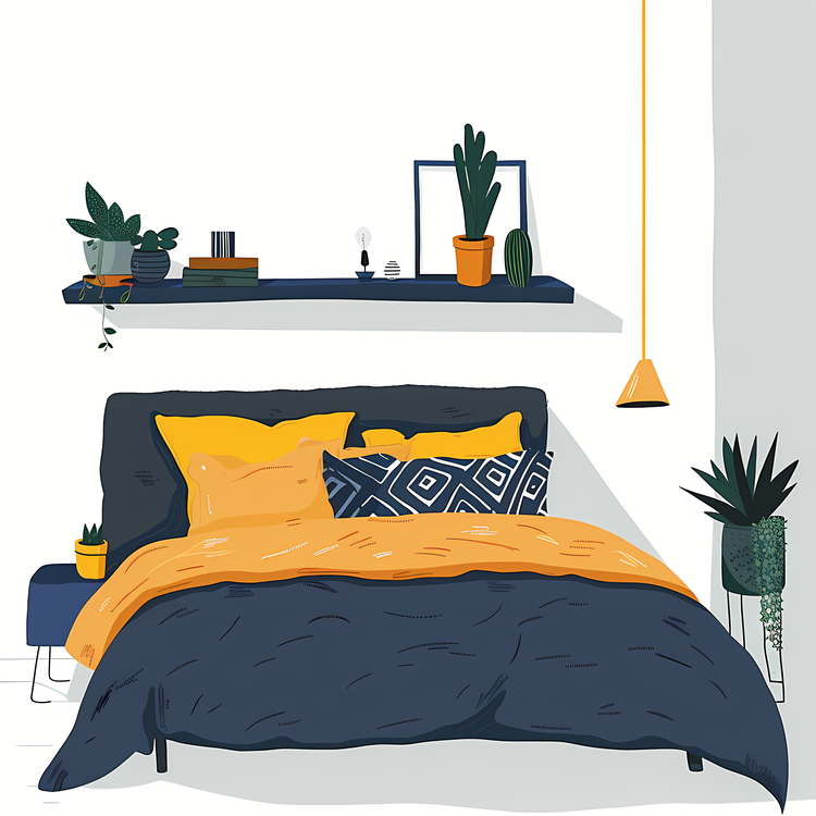 Bed Room,Bedroom,Orange And Blue Colors
