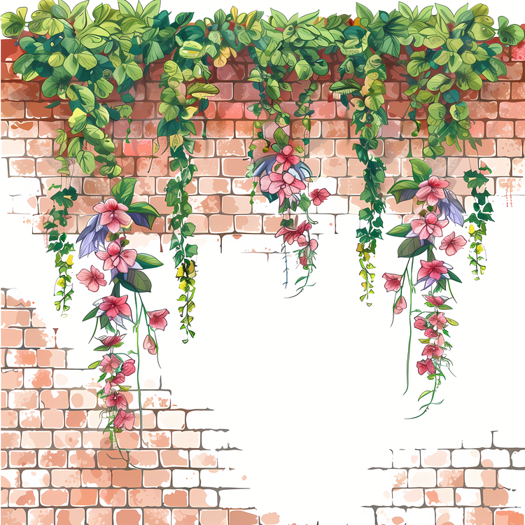 Brick Wall,Plants Hanging From A Vine,Flowers On A Brick Wall