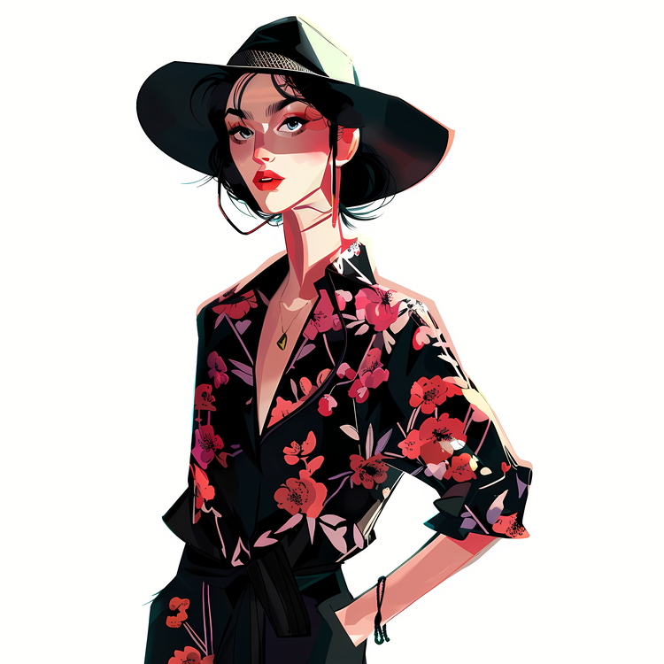 Fashion Retro,Floral Dress,Black Hat