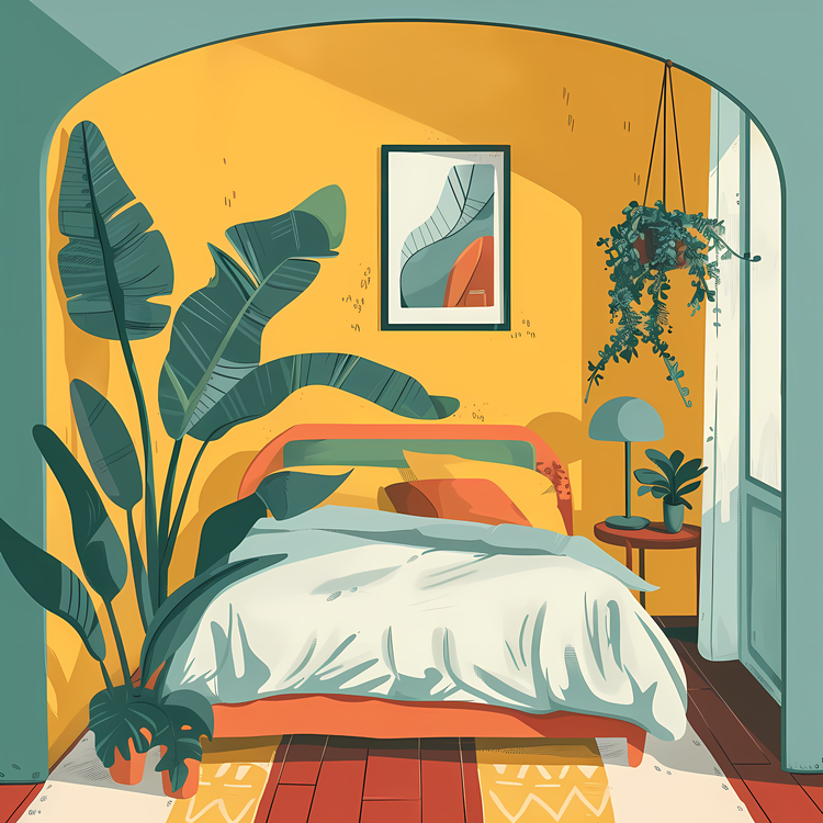 Bed Room,Yellow Room With Bed,Plants