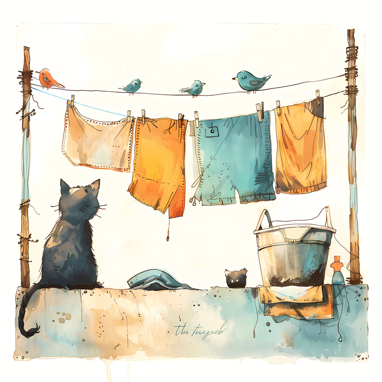 Laundry Day,Cat,Bird