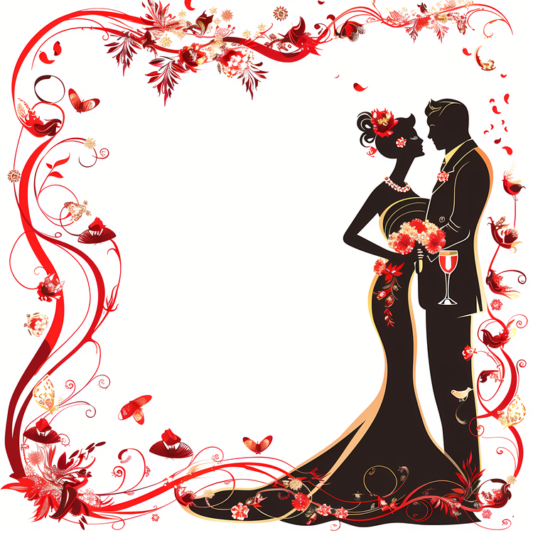 Wedding Frame,Bride And Groom,Red Floral Border